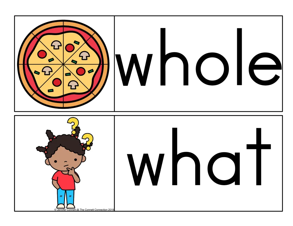 Whole and what word cards: an entire pizza pictured for whole and a puzzled girl with question marks pictured for what