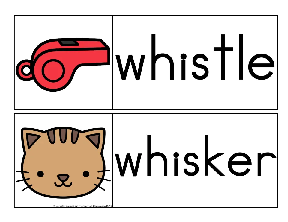 Two-syllable wh words whistle and whisker, illustrated with a red whistle and a tabby cat face showing its whiskers
