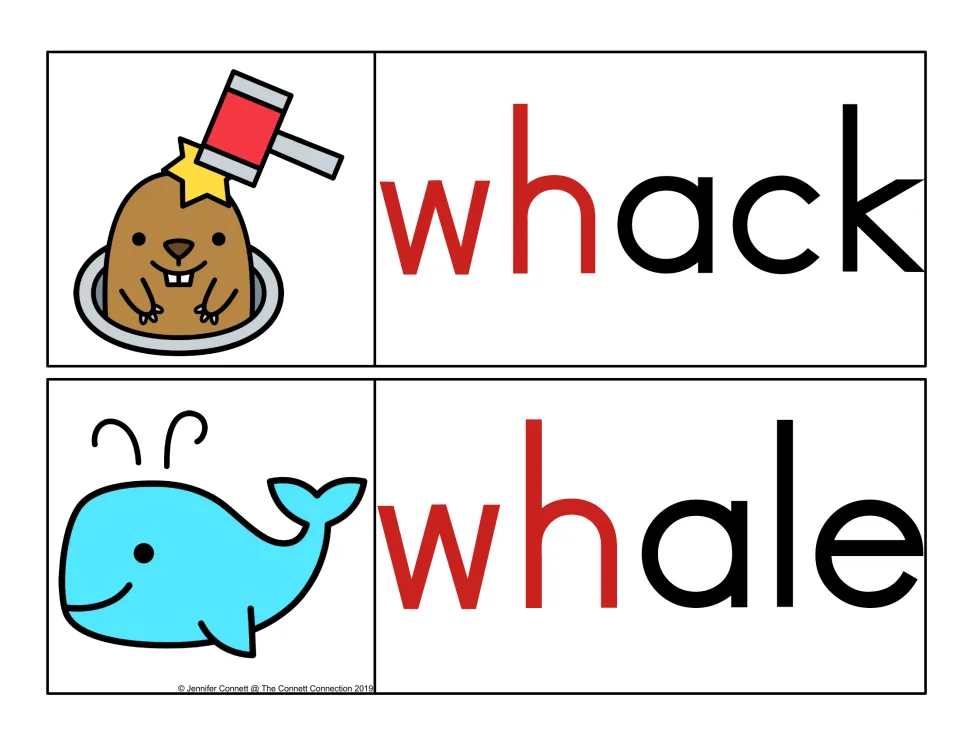 Whack and whale again, now with the wh digraph printed in red and the rest of each word in black beside the pictures