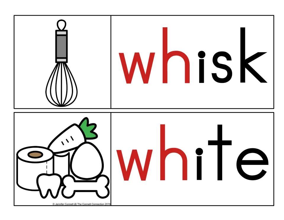 Whisk and white with the opening wh highlighted in red, paired with the whisk picture and a group of white objects