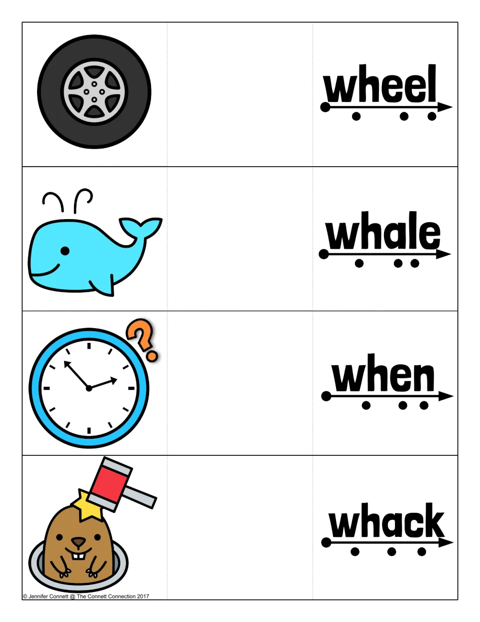 WH digraph cards for wheel, whale, when and whack, each word with sound dots and an arrow beside its picture