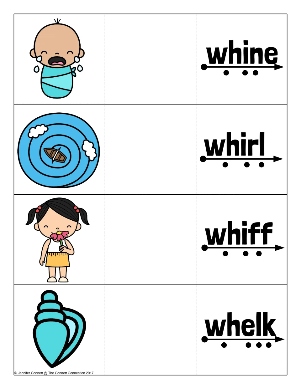 Sound-it-out cards for whine, whirl, whiff and whelk, pictured with a crying baby, whirlpool, flower sniff and shell