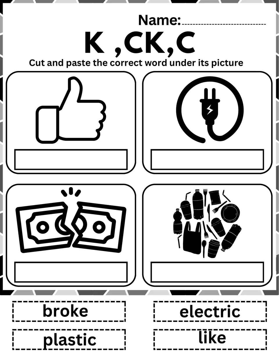 K, CK or C word match: students paste broke, electric, plastic and like under a thumbs-up, plug, torn bill and plastics