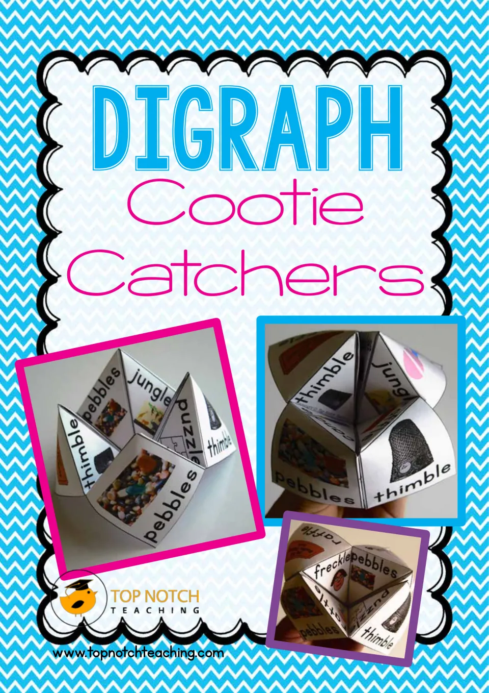 Digraph phonics cover: photos of folded paper fortune tellers showing picture words like pebbles, thimble and jungle