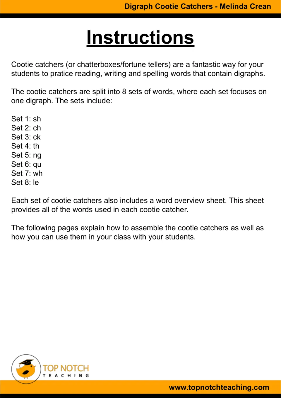 Instructions overview: 8 digraph word sets (sh, ch, ck, th, ng, qu, wh, le) for reading, writing and spelling practice