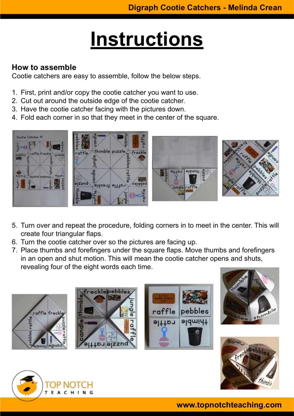 How to assemble: seven numbered steps to cut out and fold a cootie catcher, with step-by-step photos of the folds