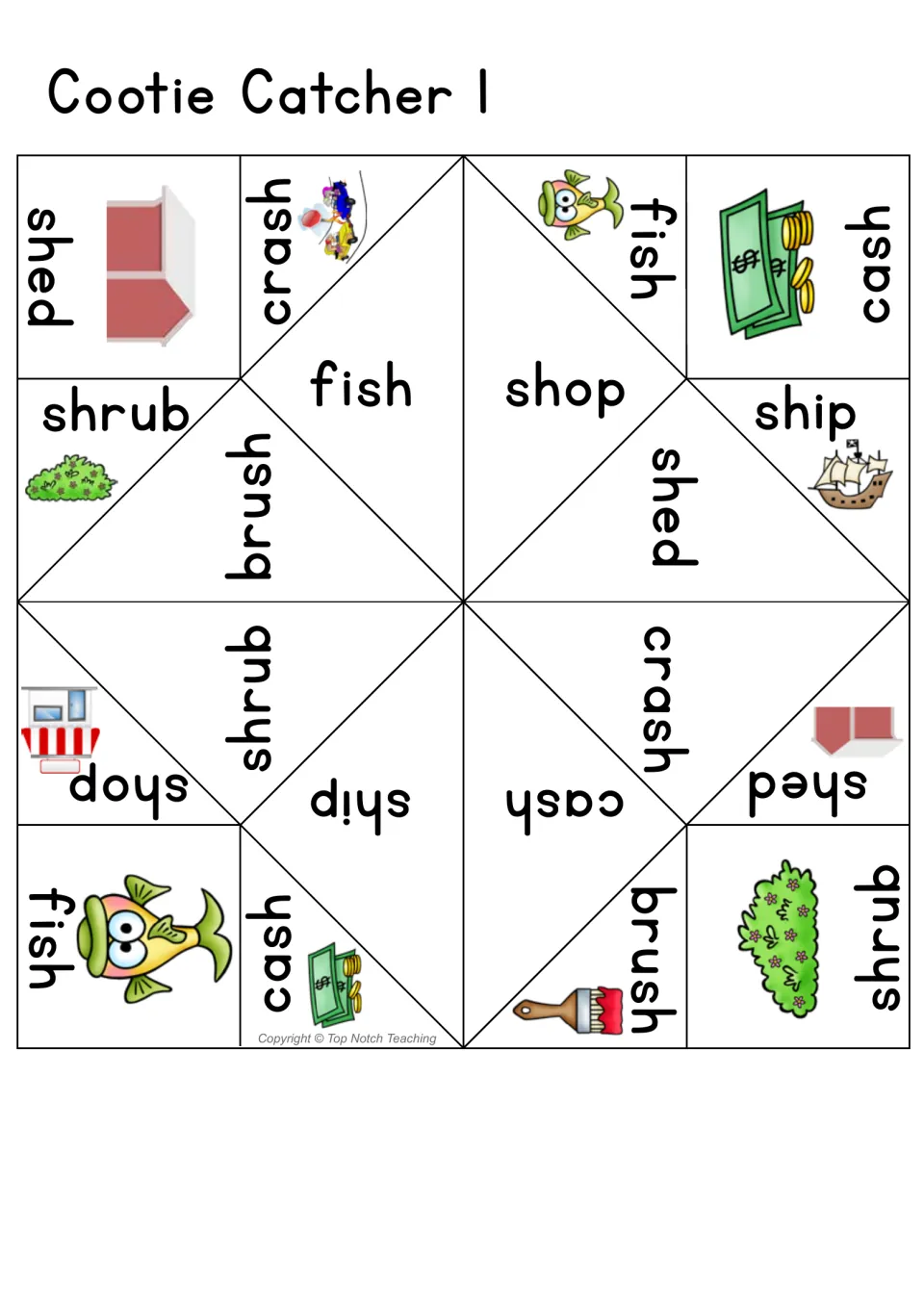 Cootie Catcher 1, sh digraph: printable fold-up with pictured words shed, crash, fish, cash, shrub, ship, shop and brush