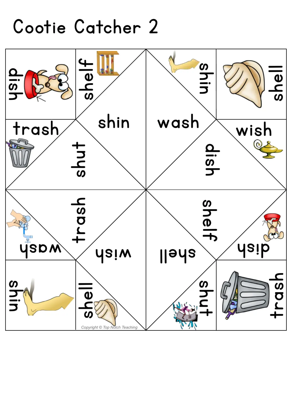 Cootie Catcher 2, sh digraph: printable fold-up with pictured words dish, shelf, shin, shell, trash, wish, wash and shut