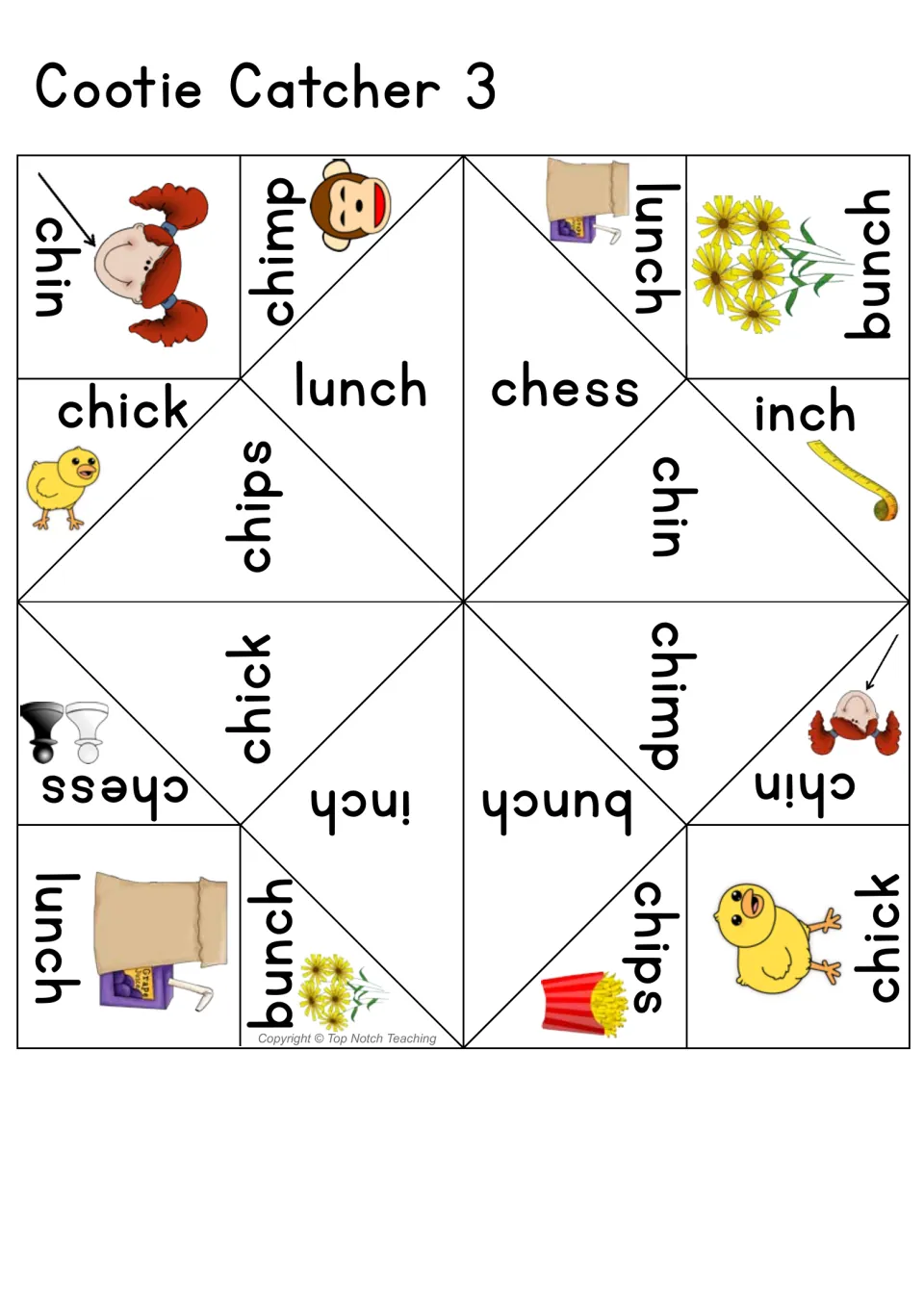Cootie Catcher 3, ch digraph: printable fold-up with pictured words chin, chimp, lunch, bunch, chick, inch, chess and chips
