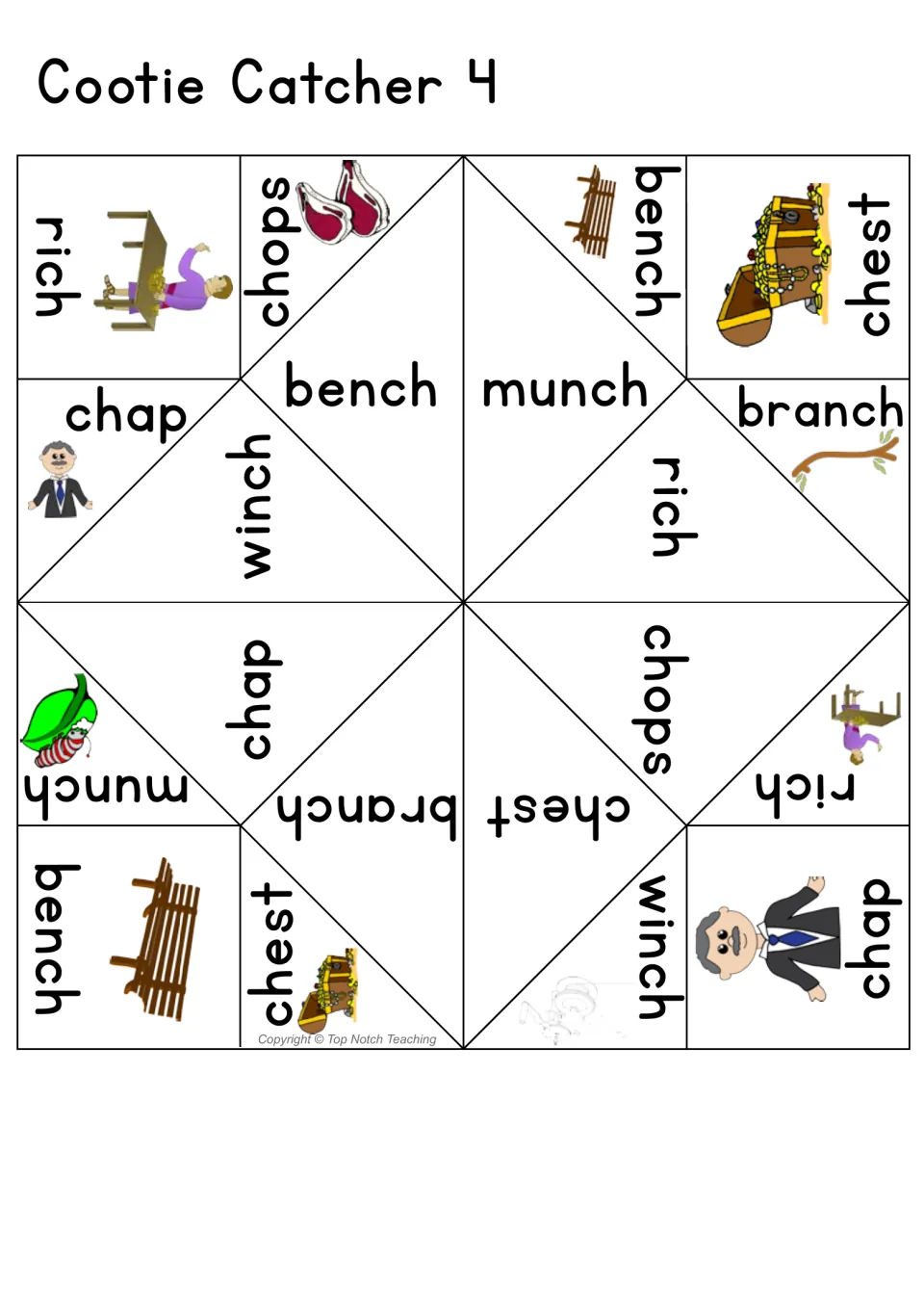 Cootie Catcher 4, ch digraph: printable fold-up with pictured words rich, chops, bench, chest, chap, branch, winch, munch
