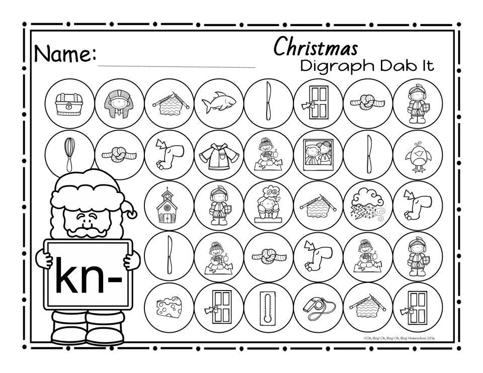 Dab-it page for beginning kn-: pictures to dab include knit, knot, knee, knight, kneel, knife and knob