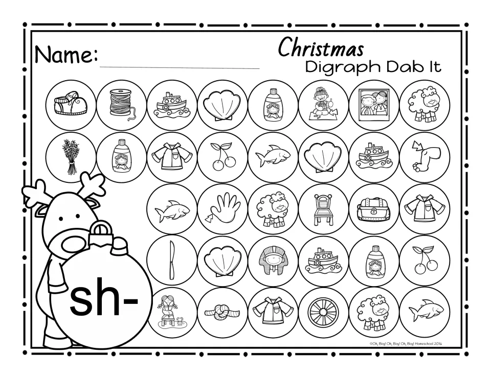 Dab-it page for beginning sh-: pictures to dab include shoe, ship, shell, sheep, shirt, shark and shampoo