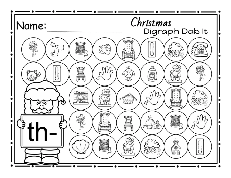 Dab-it page for beginning th-: pictures to dab include thorn, thread, throne, thumb, thermometer and thunderstorm