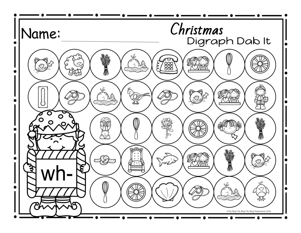 Dab-it page for beginning wh-: pictures to dab include whale, whisk, wheel, wheat, whistle and whiskers