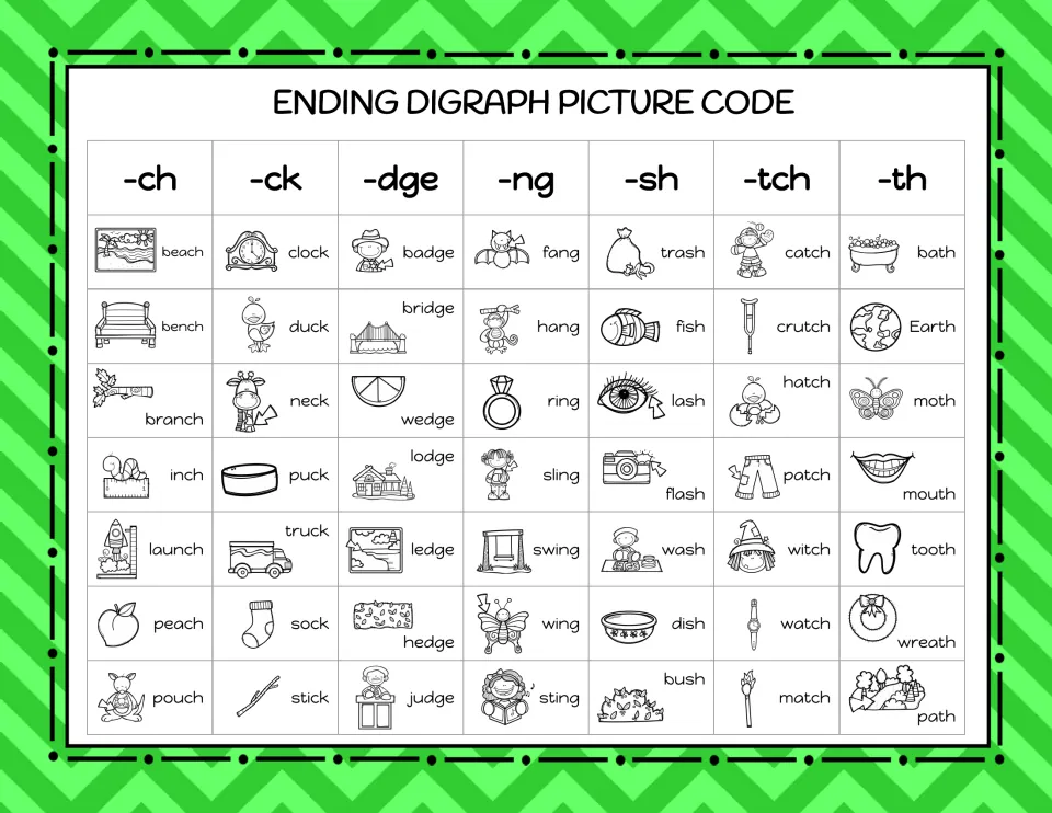 Ending digraph picture code: -ch, -ck, -dge, -ng, -sh, -tch, -th pictures such as beach, clock, badge, fang and bath