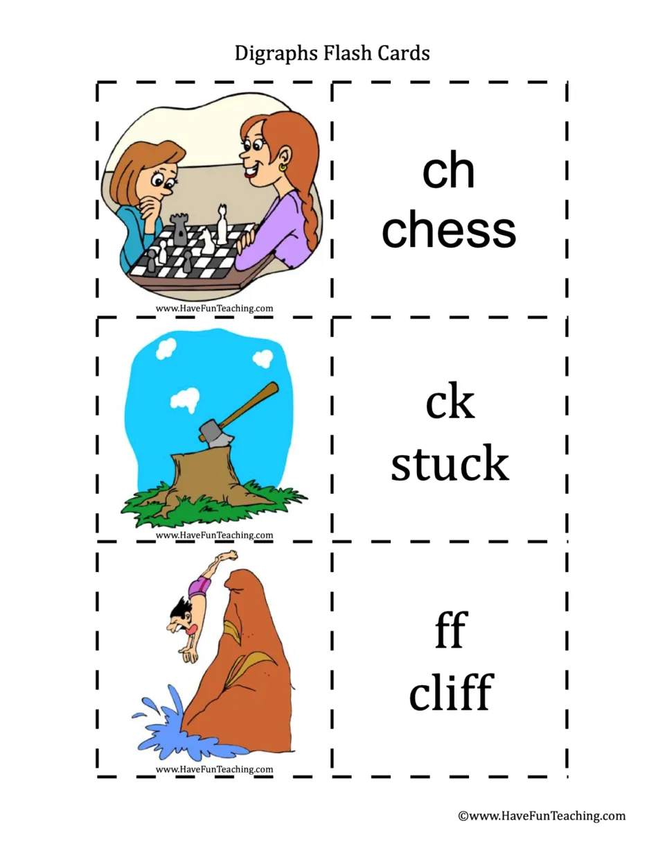 Phonics flashcard pairs 1–3: ch in chess, ck in stuck, and ff in cliff, each paired with an illustration