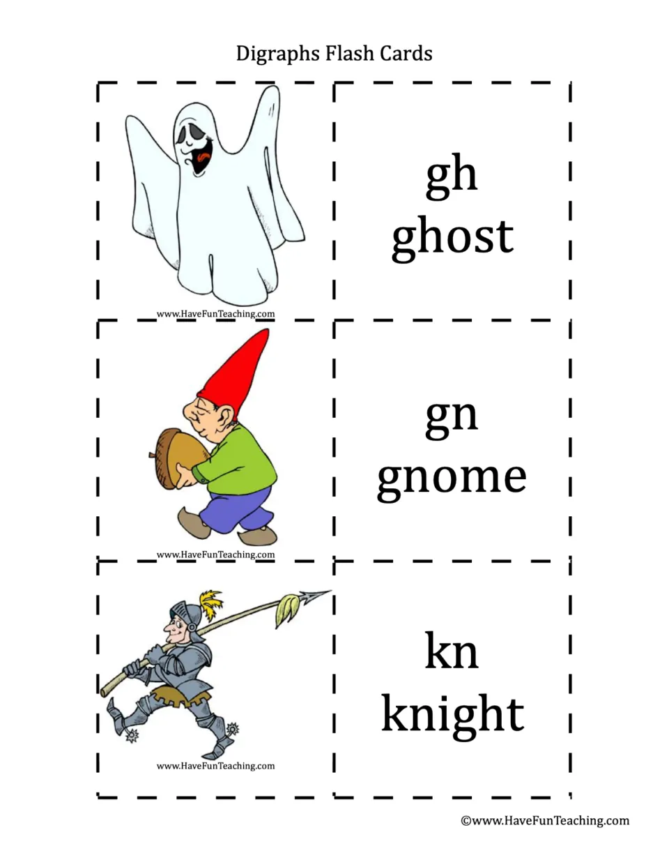 Phonics flashcard pairs 4–6: gh in ghost, gn in gnome, and kn in knight, each paired with an illustration
