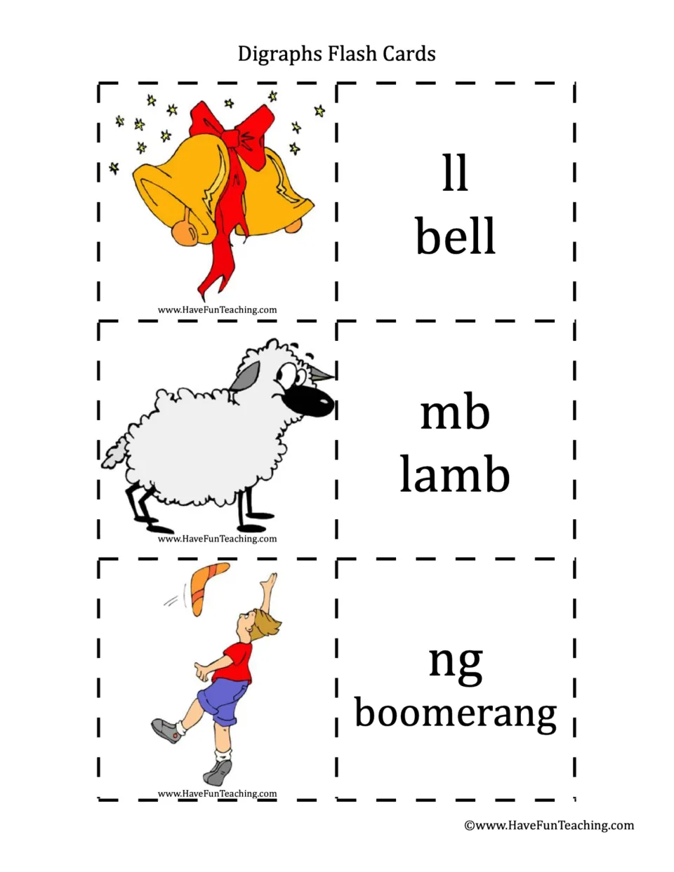 Phonics flashcard pairs 7–9: ll in bell, mb in lamb, and ng in boomerang, each paired with an illustration