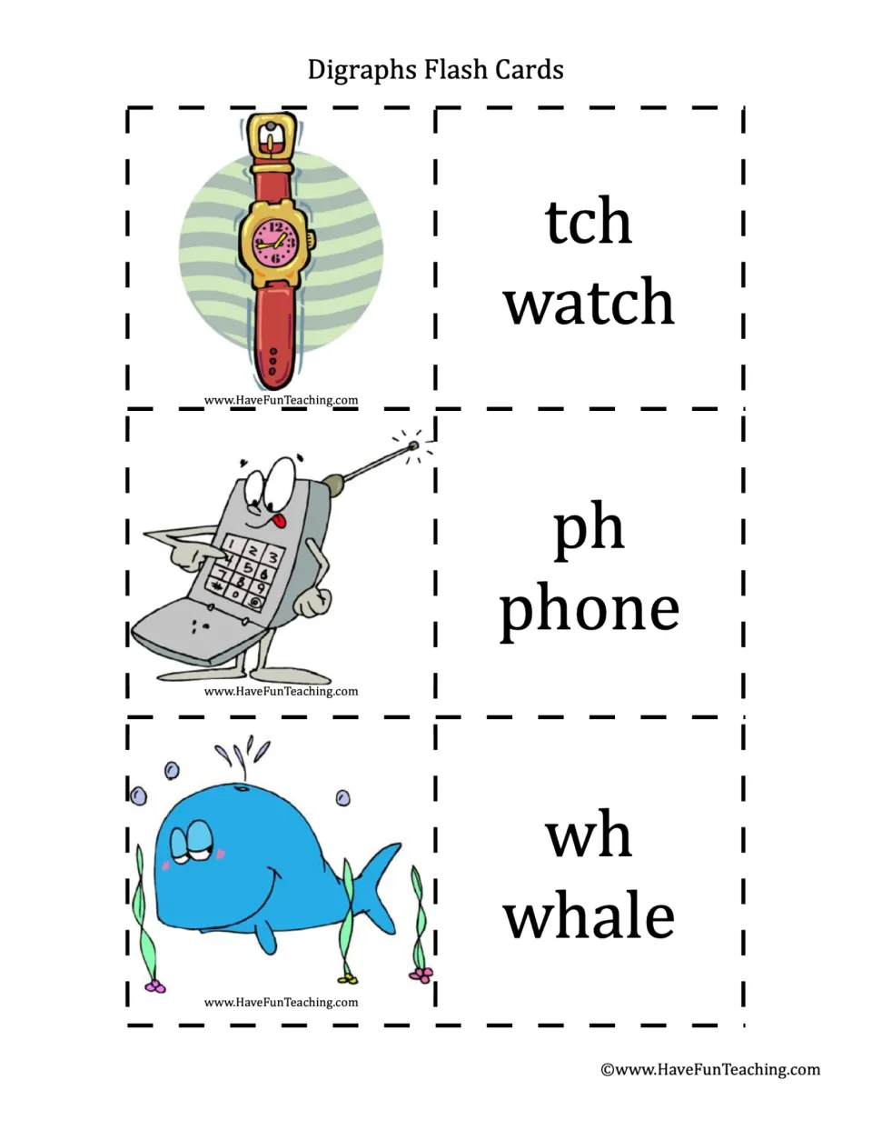Phonics flashcard pairs 10–12: tch in watch, ph in phone, and wh in whale, each paired with an illustration