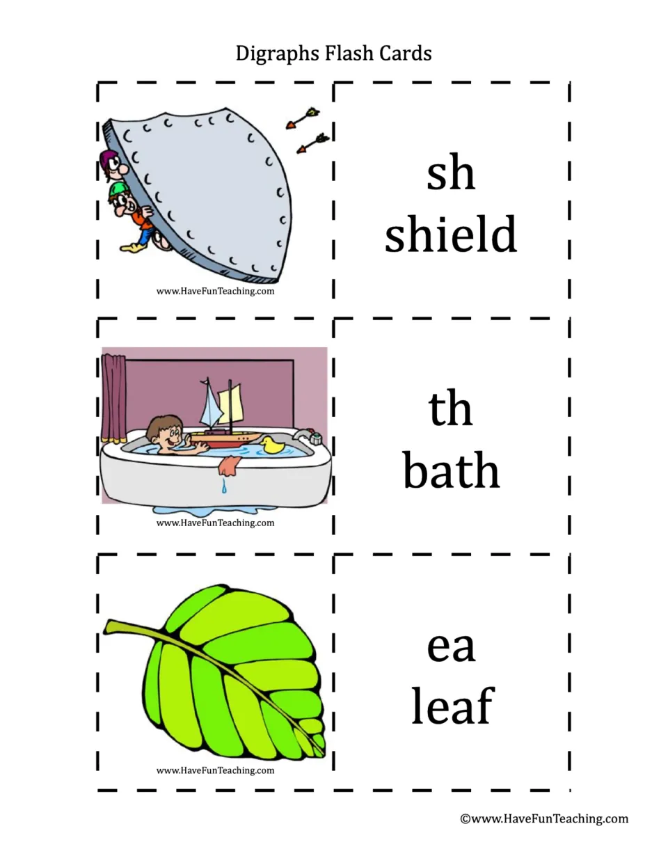 Phonics flashcard pairs 13–15: sh in shield, th in bath, and ea in leaf, each paired with an illustration