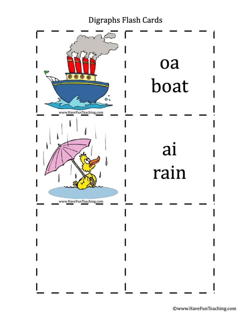 Phonics flashcard pairs 16–17: oa in boat and ai in rain, illustrated by a boat and a duck in the rain