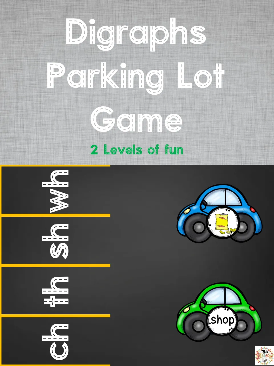 Digraphs Parking Lot Game cover showing two levels, wh, sh, th, ch parking spots, and picture and word cars