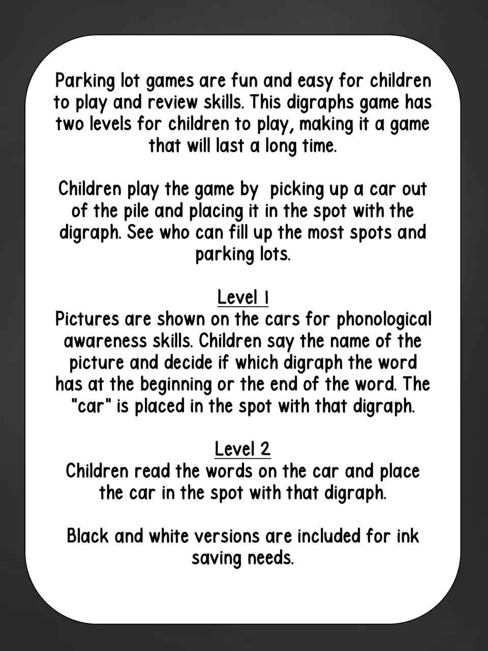 Game instructions explain matching picture cars in Level 1 and written word cars in Level 2 to digraph spots