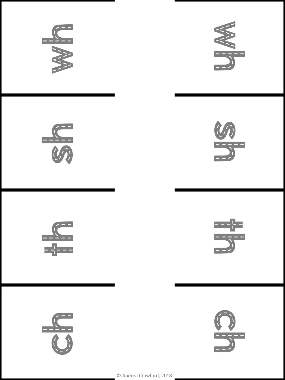 White parking mat for matching digraph cars, with eight spaces labeled wh, sh, th, and ch twice each