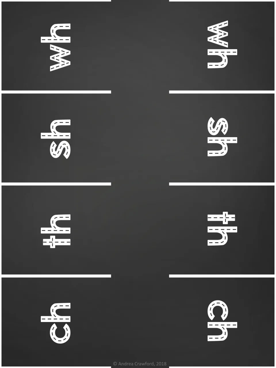 Dark parking mat for matching digraph cars, with eight spaces labeled wh, sh, th, and ch twice each