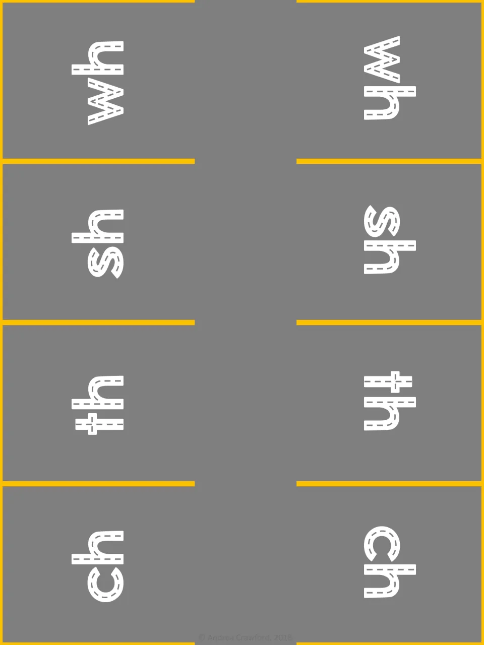 Gray parking mat for matching digraph cars, with eight spaces labeled wh, sh, th, and ch twice each