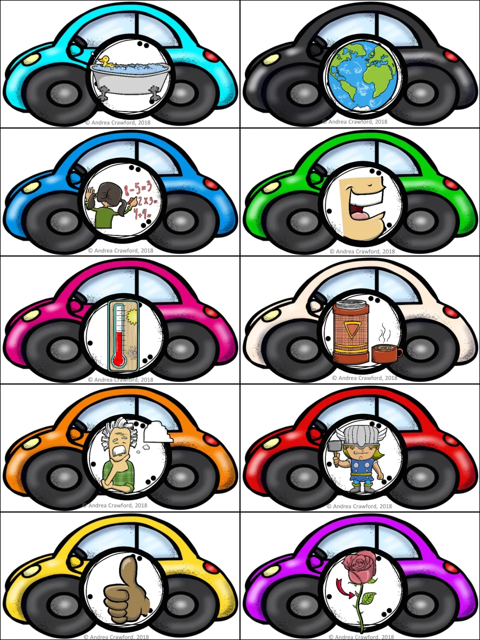 Ten color picture cars for digraph matching: bath, Earth, math, mouth, thermometer, thermos, and four more