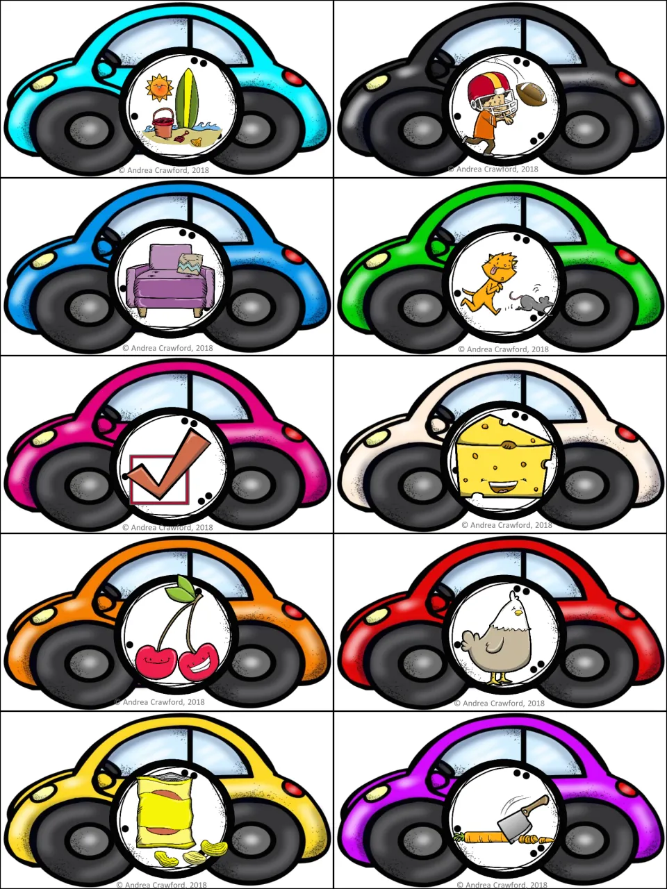 Ten color picture cars for digraph matching: beach, chair, chase, check, cheese, cherries, and four more