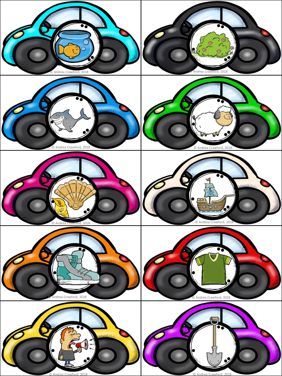 Ten color picture cars for digraph matching: fish, bush, shark, sheep, shells, ship, shoes, and three more