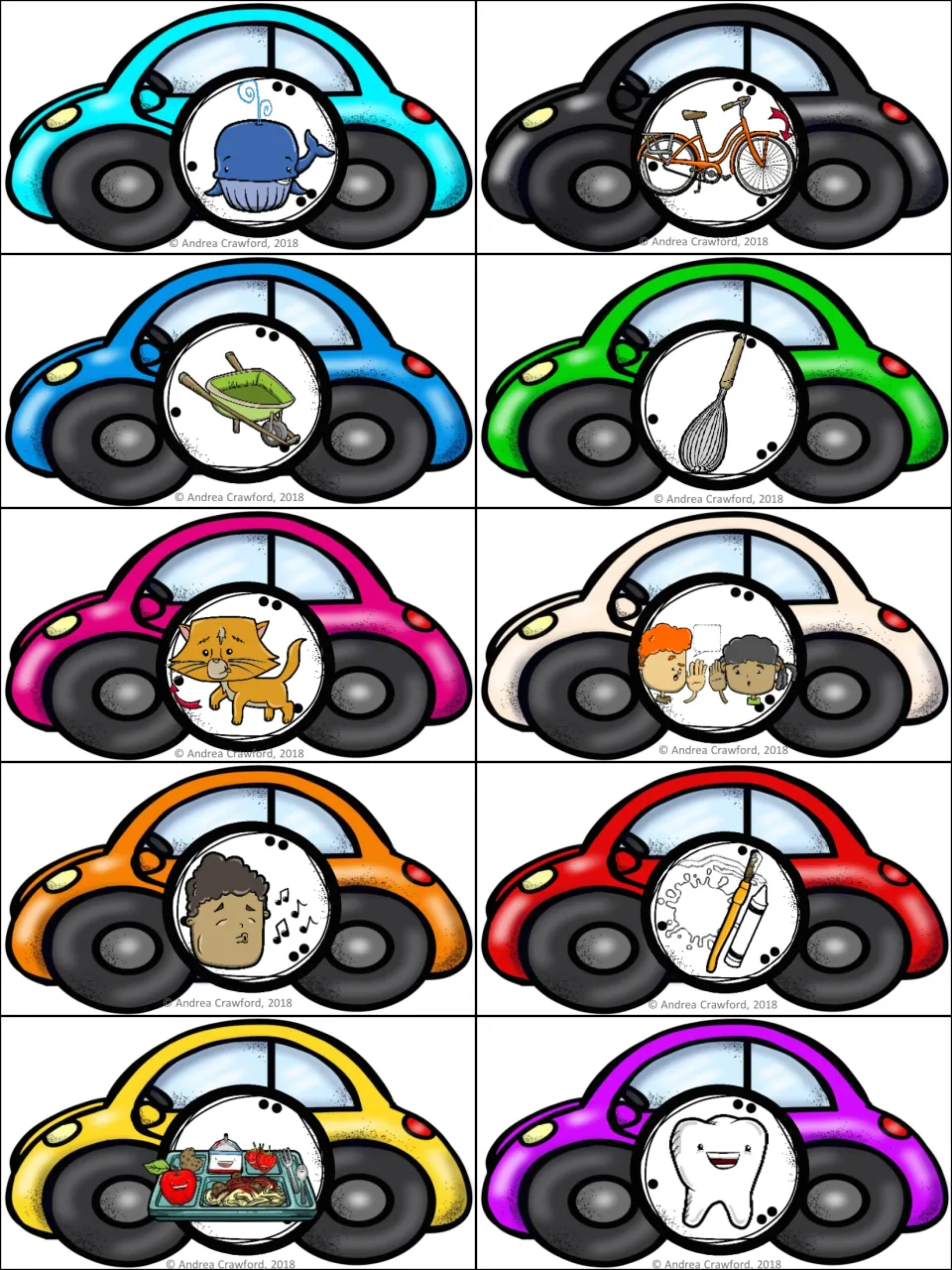Ten color picture cars for digraph matching: whale, wheel, wheelbarrow, whisk, whiskers, and five more