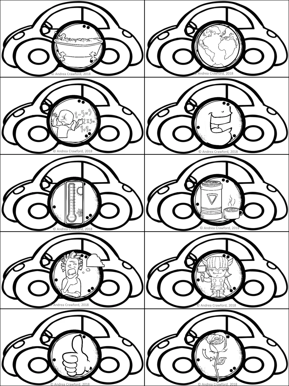 Ten black-and-white picture cars for digraph matching, repeating bath, Earth, math, mouth, and six more