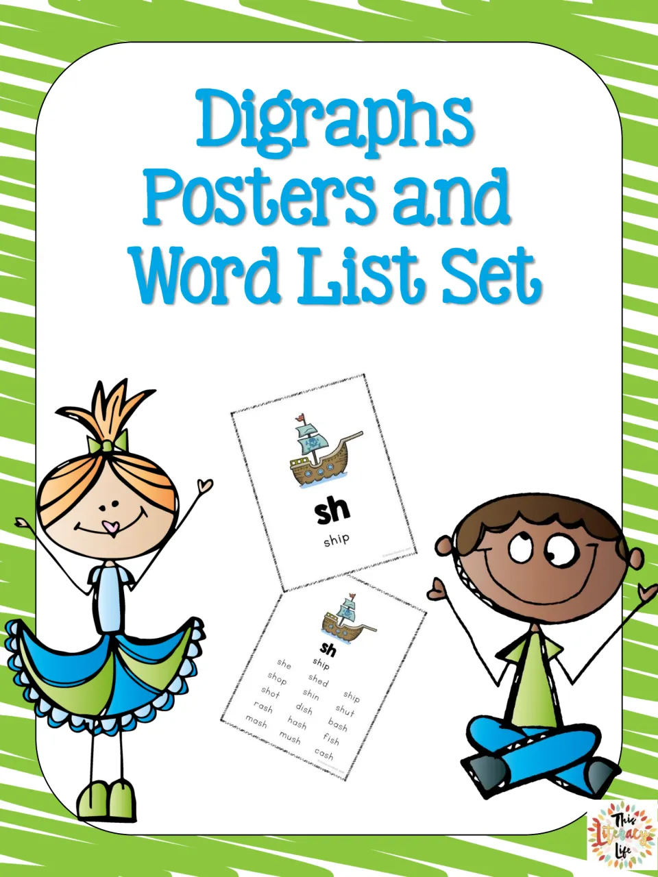 Digraphs Posters and Word List Set cover showing a sample sh ship poster and an sh word list beside two cartoon kids