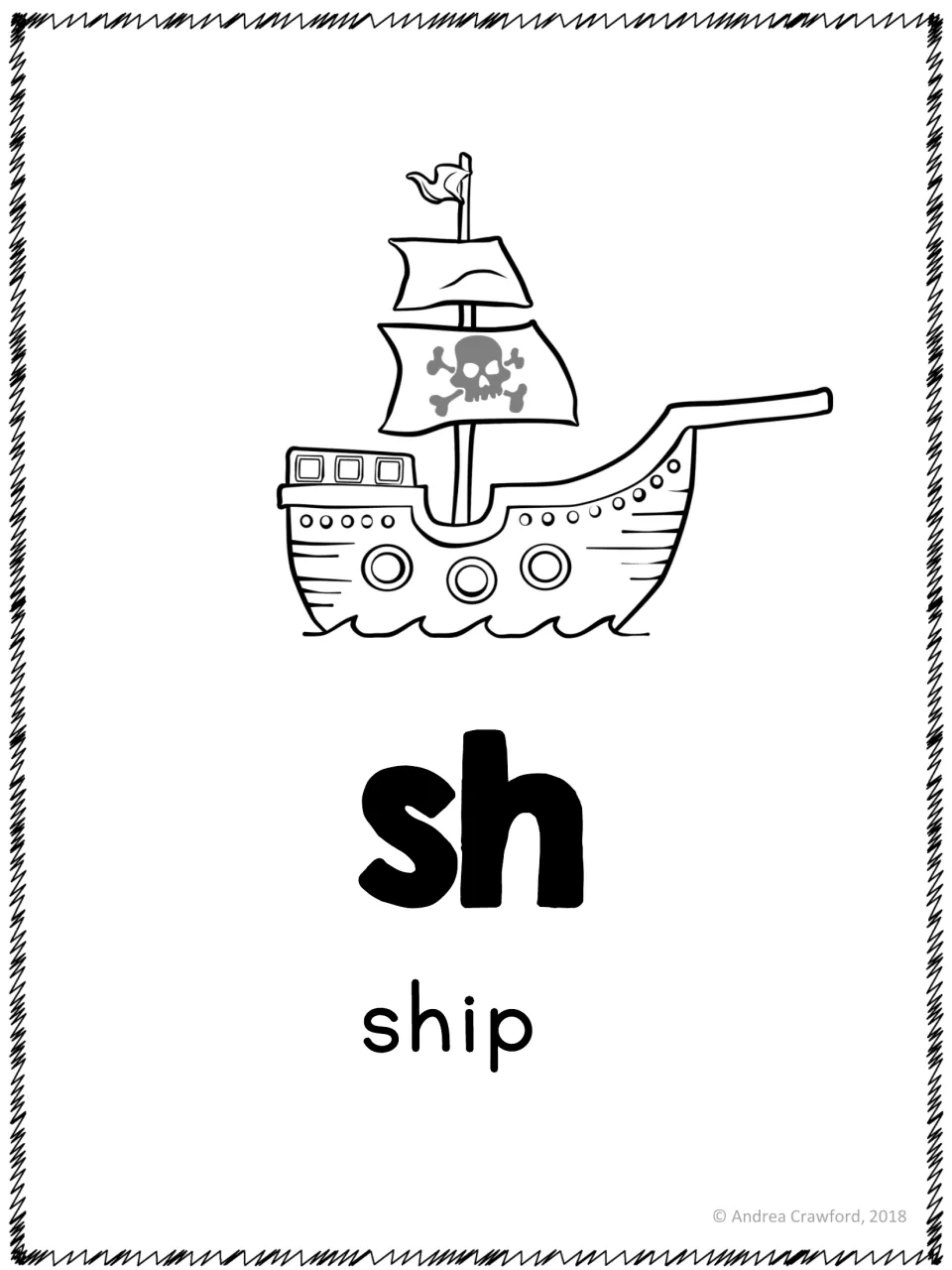 Digraph sh poster: a large sh with a pirate ship picture and the key word ship to anchor the /sh/ sound for students