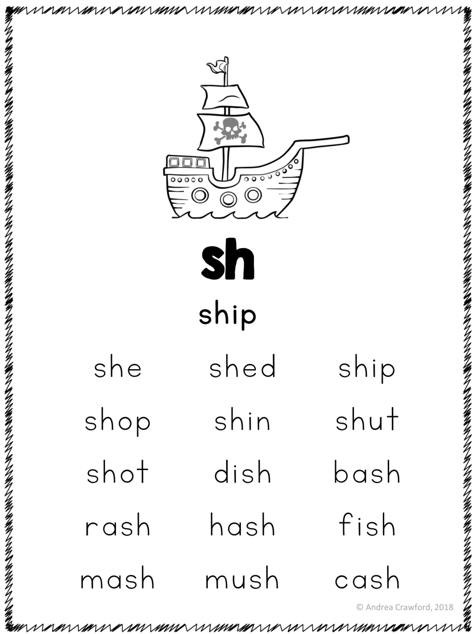 sh word list under the ship key picture: students read 15 words such as she, shed, shop, dish, fish and cash