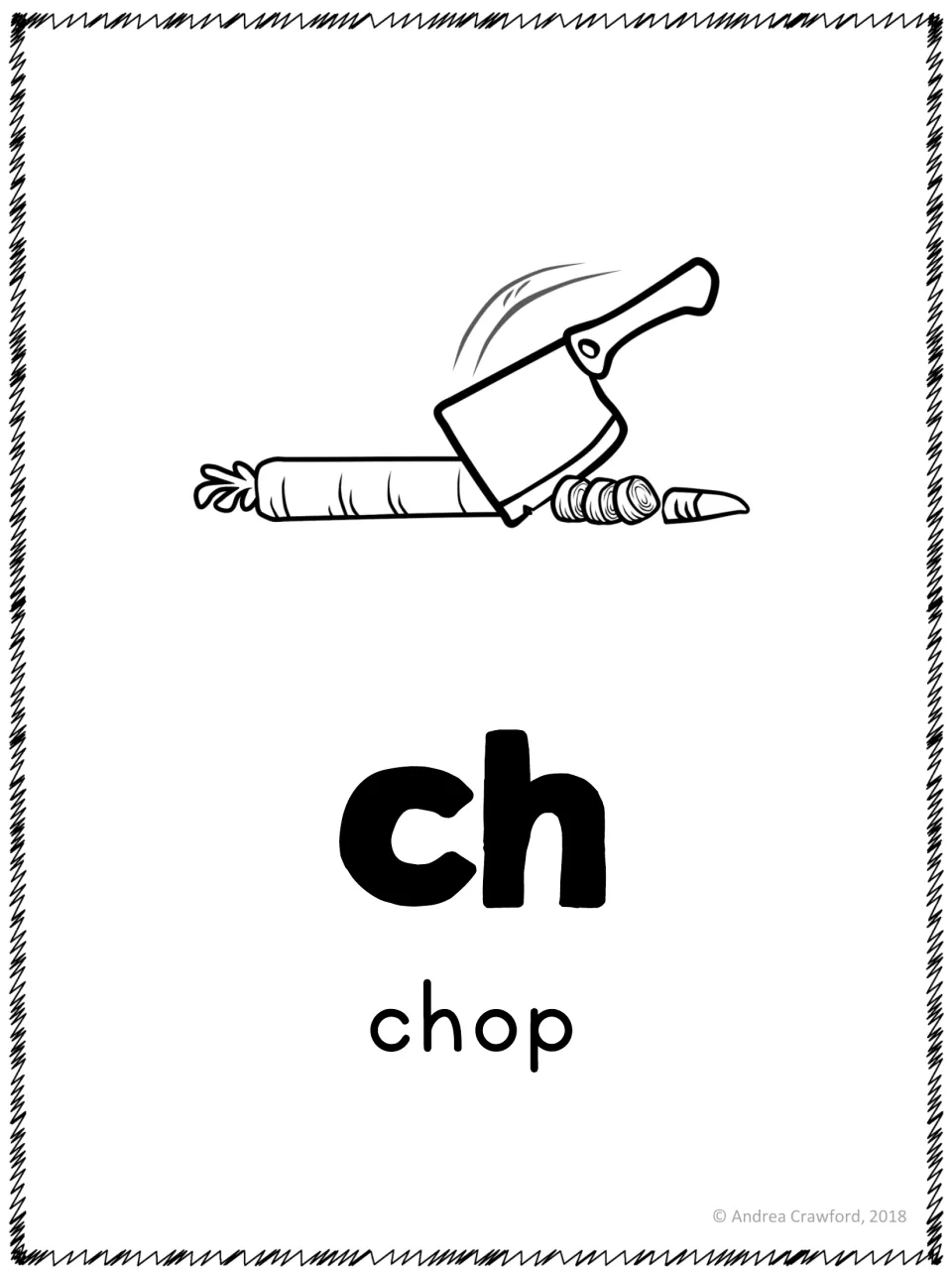 Digraph ch poster: a large ch with a cleaver chopping a carrot and the key word chop for the /ch/ sound