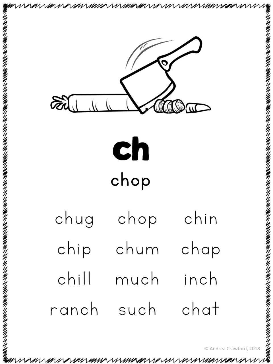 ch word list with the chop key picture: students read 12 words including chug, chin, chip, chill, much, inch and ranch