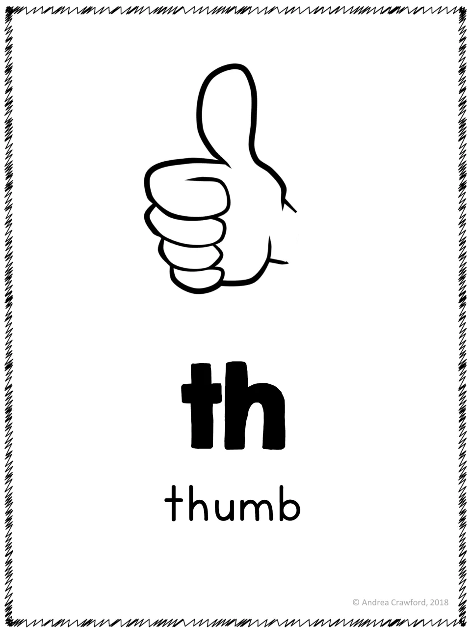 Digraph th poster: a large th with a thumbs-up hand drawing and the key word thumb to cue the /th/ sound