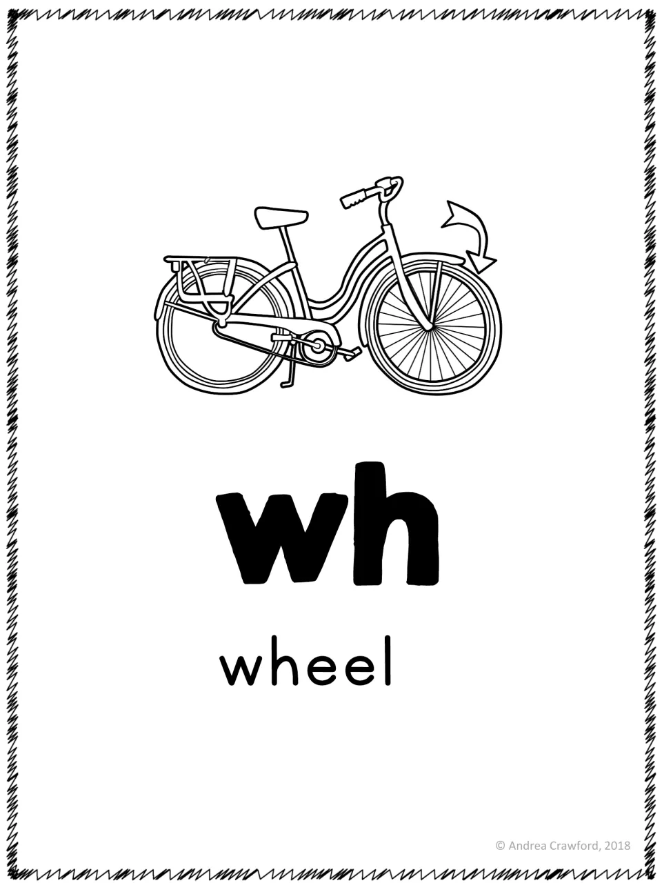 Digraph wh poster: a large wh with a bicycle and an arrow pointing to its front wheel, labeled with the key word wheel