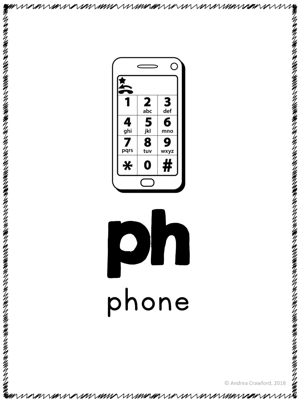 Digraph ph poster: a large ph with a cell phone keypad picture and the key word phone, showing ph spells the /f/ sound