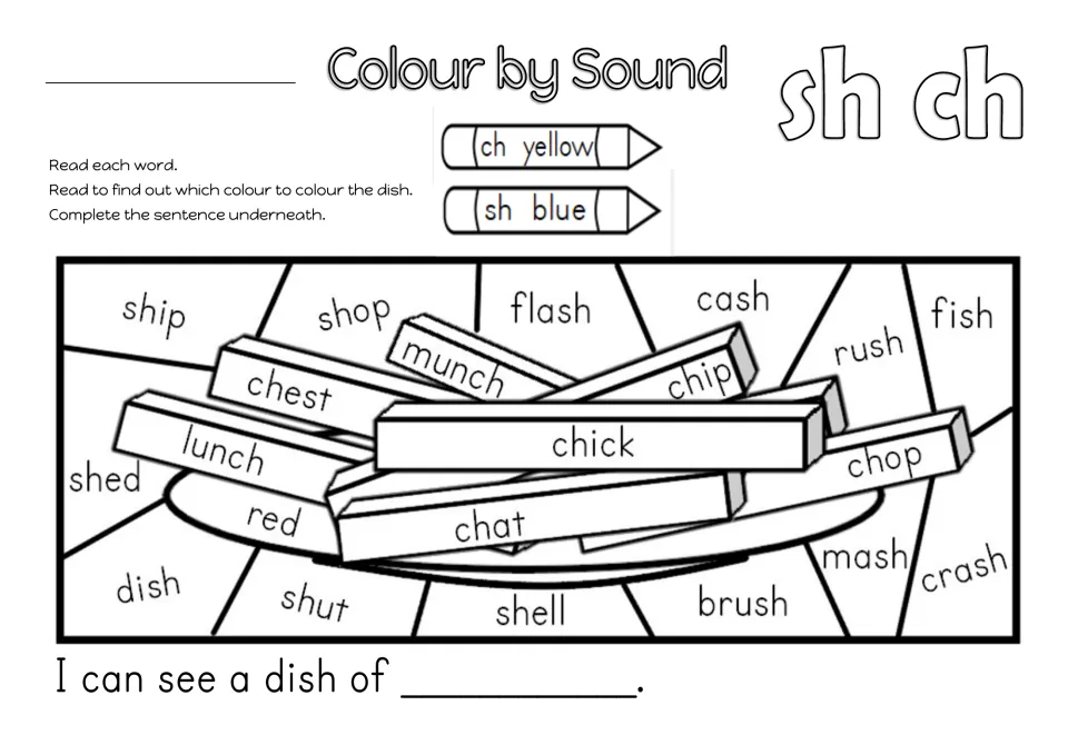 Colour by sound, sh and ch: students read words like ship and chick, colour ch yellow and sh blue, then finish a sentence