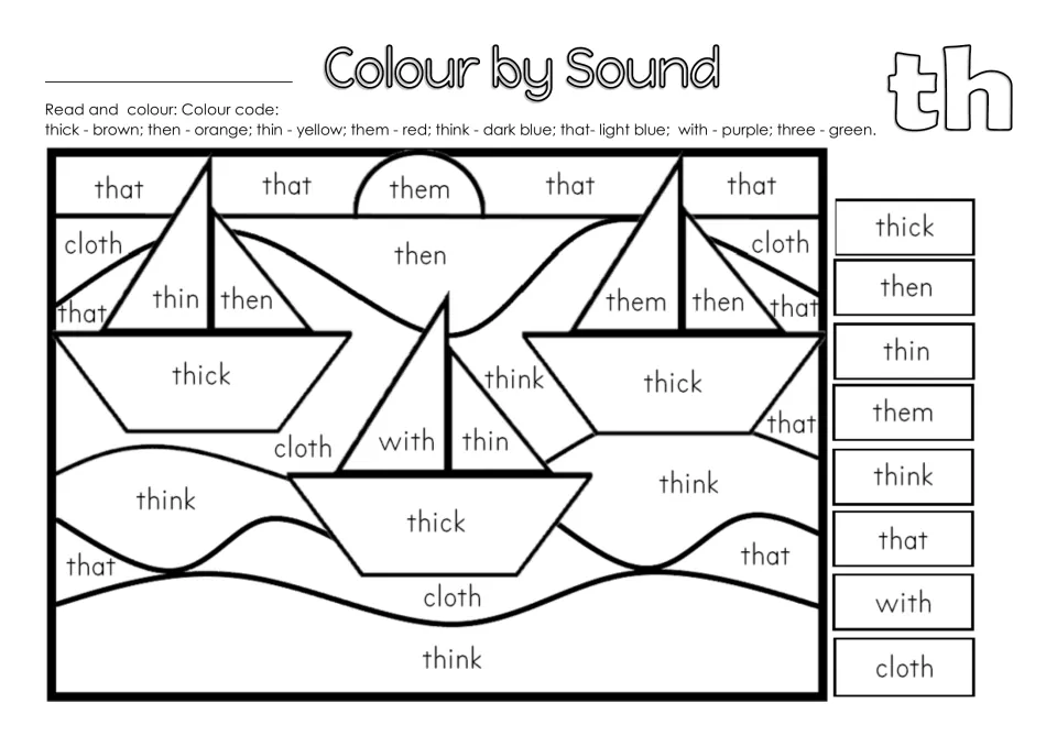 Colour by Sound th: students read th words like thick, then, thin and cloth and colour a sailboat scene by code