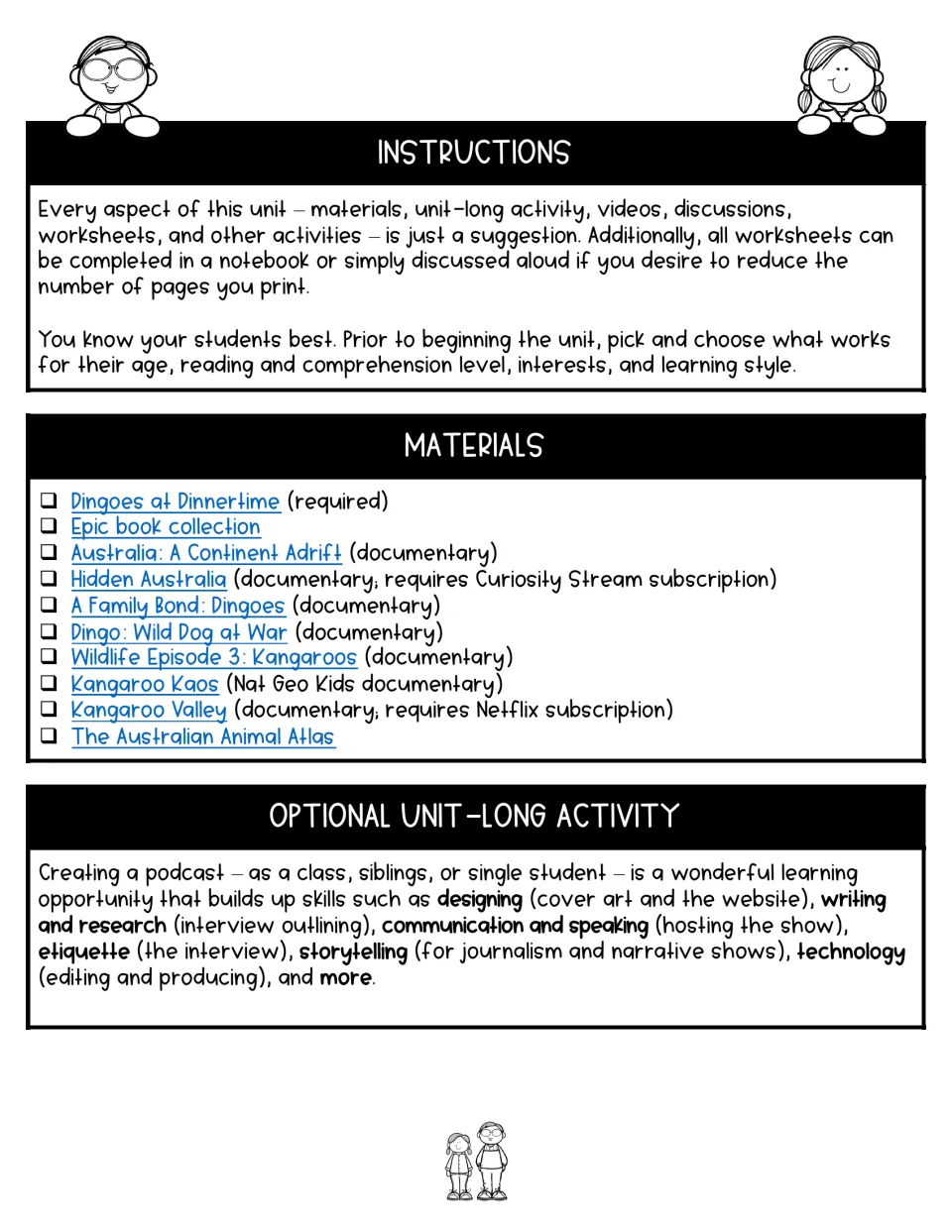 Teacher guidance for the novel study lists materials and suggests creating a podcast as a unit-long activity