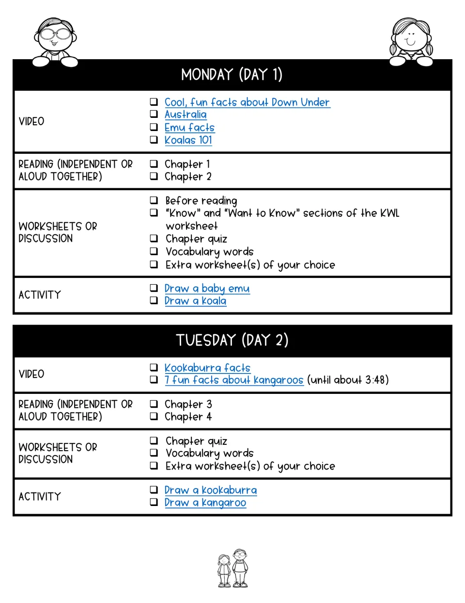 Days 1–2 lesson plans cover chapters 1–4, Australian animal videos, quizzes, vocabulary, and drawing activities