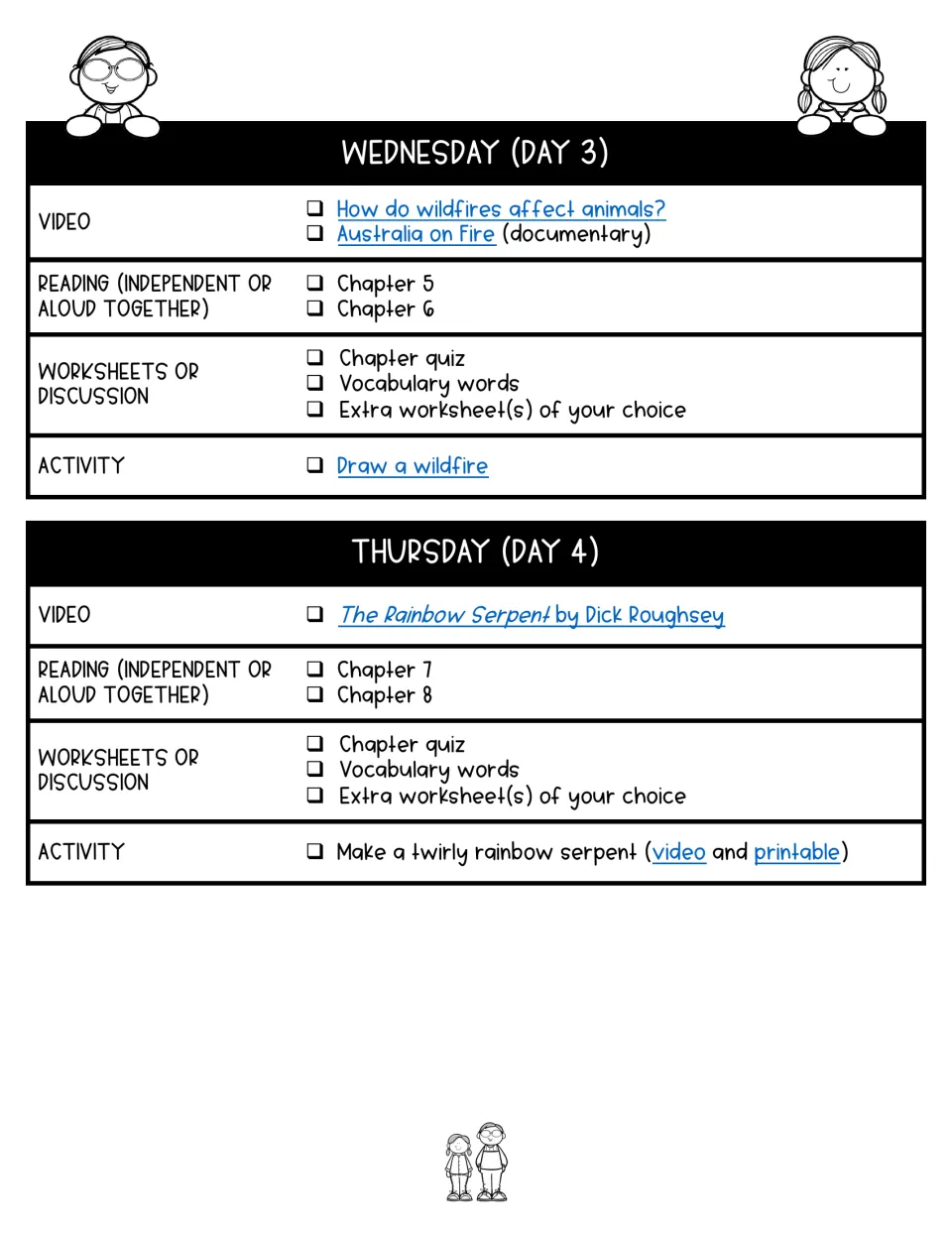 Days 3–4 lesson plans pair chapters 5–8 with wildfire videos, The Rainbow Serpent, drawing, and a serpent craft