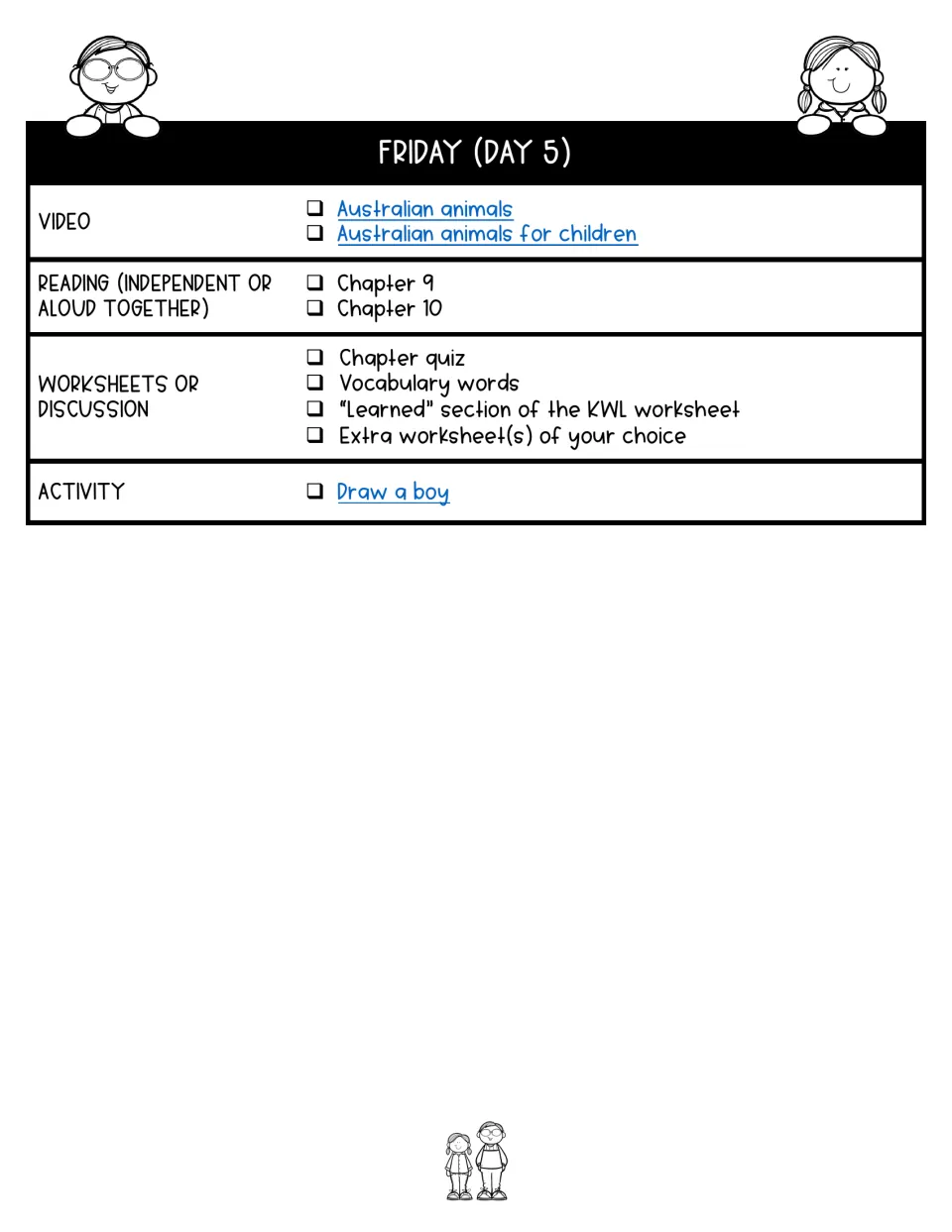 Day 5 lesson plan covers chapters 9–10, Australian animal videos, a quiz, vocabulary, and KWL reflection