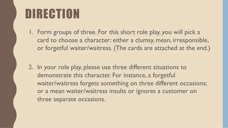 Role-play directions: form groups of three, pick a server character card, and show the trait in three situations.